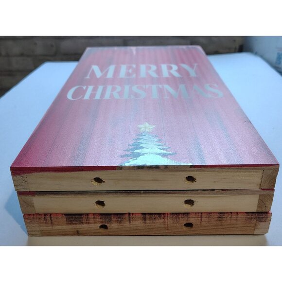 Wooden Merry Christmas Sign Red Snowy Tree Stackable Panels Holiday Cheer Decor - Picture 10 of 16